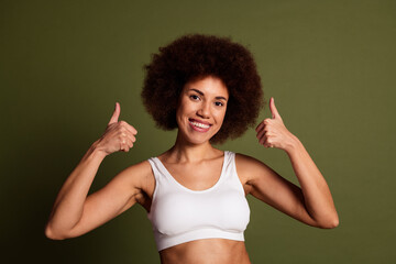 No retouch photo of confident lady underwear lingerie showing thumbs up enjoying self acceptance isolated green color background