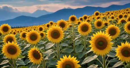Obraz premium Sunflower field in bloom under a vibrant blue sky with mountains in the background.