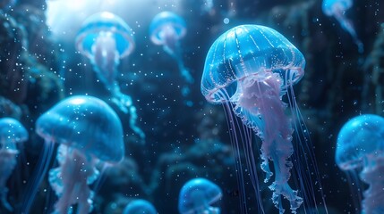 Naklejka premium 3D illustration background of jellyfish. Jellyfish swims in the ocean sea, light passes through the water, creating the effect of volume-rays.