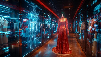 A modern fitting room with digital screens displaying various clothing options for virtual try-ons.