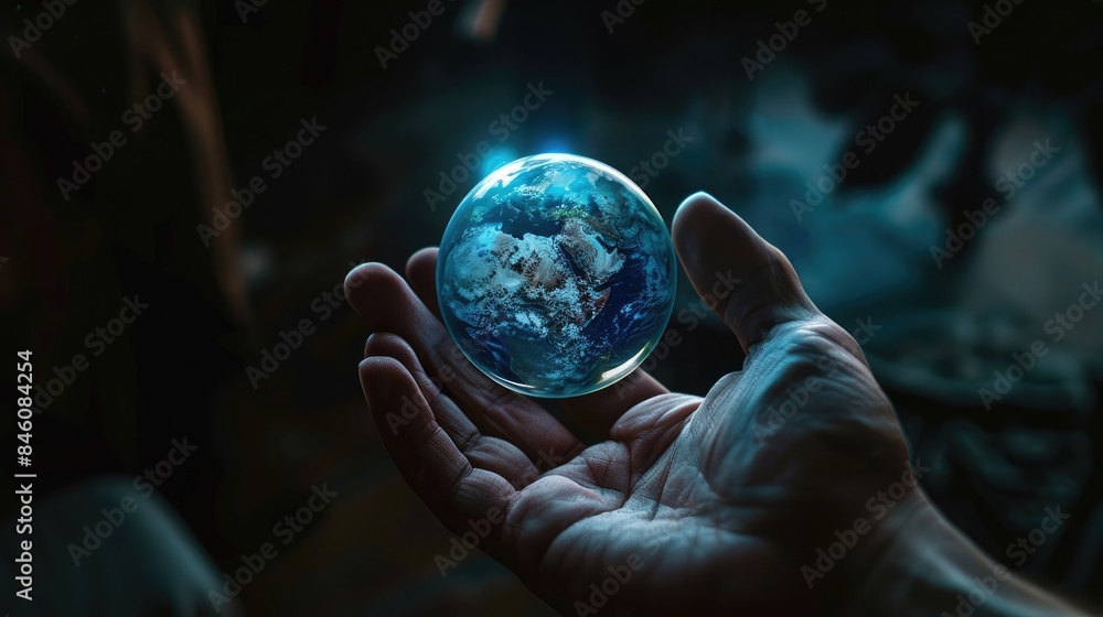 Wall mural hand holding a globe hologram in a dark background Generative AI - Wall murals