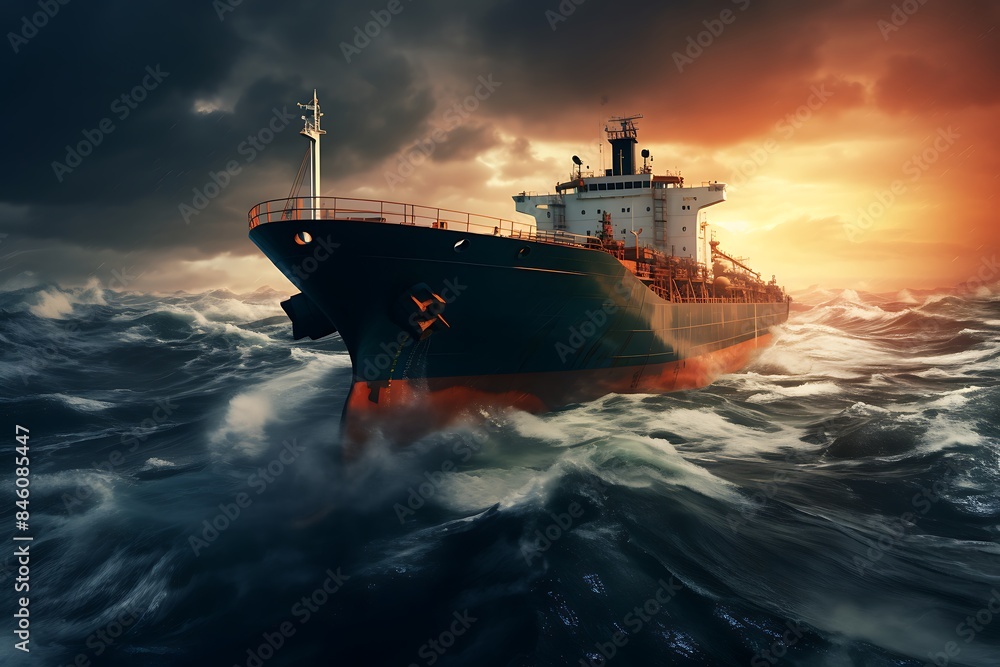 Wall mural tanker ship on the sea at sunset