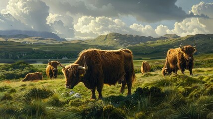 Highland cattles grazing at grassy field - Powered by Adobe