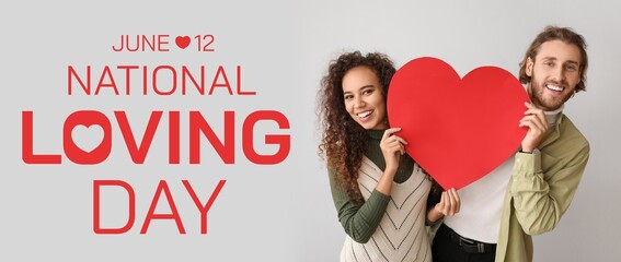 Banner for National Loving Day with young interracial couple with red heart