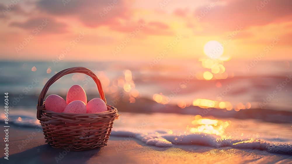 Wall mural small basket with two easter eggs on the sea on golden hour easter concept