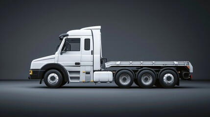 white modern truck side view with dark grey background, studio lighting, 3d rendering, high resolution photography