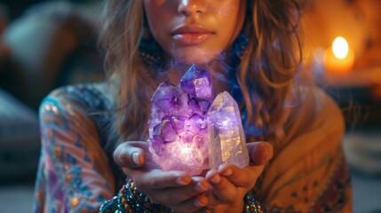 A close-up shot of someone holding a bright purple amethyst crystal cluster radiating a mystical...