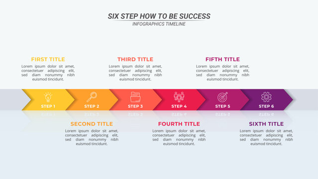 Horizontal Arrow Infographic Timeline with 6 Steps and Editable Text on a 16:9 Layout for Business Presentations, Management, and Evaluation.