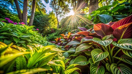 Fototapeta premium The cool, shaded plants of a shade garden, viewed in a low-angle shot 