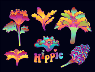 Colorful flower set, retro 60s, 70s hippie style. Vintage psychedelic vector design elements. Isolated on black. Great for stickers, patches and textile prints.