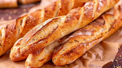 Delicious french baguettes on craft paper  close up view for a tasty breakfast concept