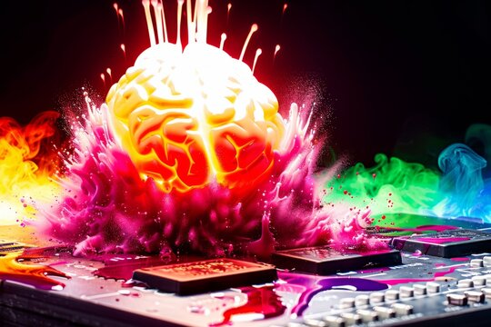 Exploding AI brain with colorful lights, artificial intelligence concept, futuristic technology, digital neural networks