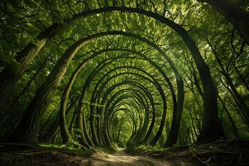 An eternal forest where the trees grow in spirals, reaching up to infinity