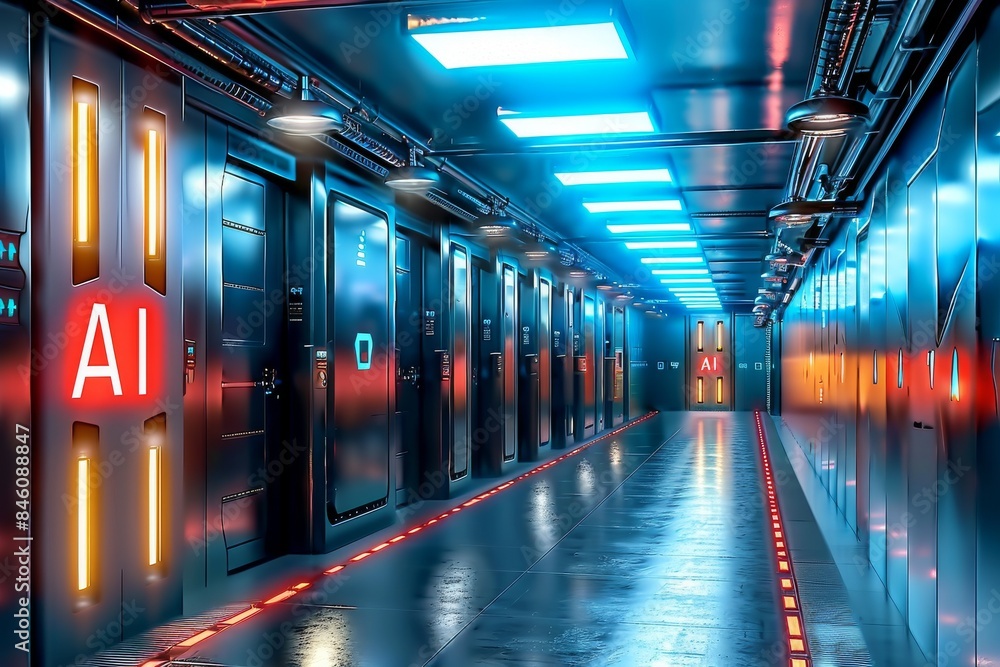 Poster futuristic ai powered hallway with neon lights and advanced technology in a high tech environment