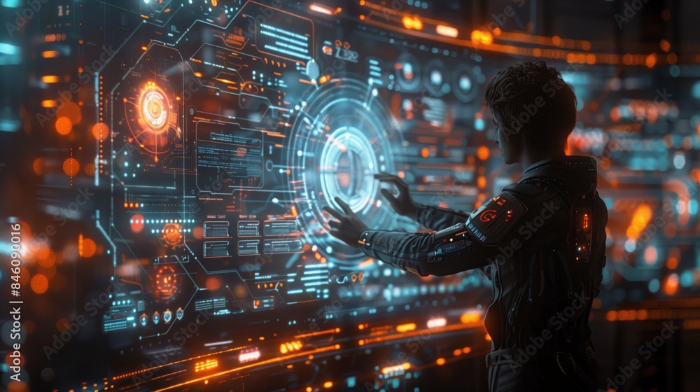 Poster a person interacts with a futuristic, holographic language tutor, manipulating the interface with th