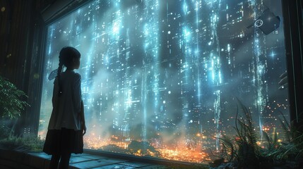 A young girl stands in a dimly lit room, looking out at a futuristic holographic display of a city and an environmental science class.
