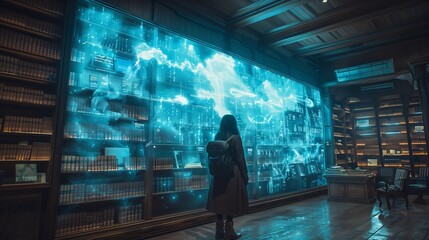 A person stands in a futuristic bookstore, gazing at a holographic display showcasing interactive book previews.