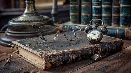 Still life of old telephone pocket watch book and glasses on wooden table
