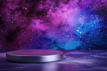 Cosmic Display Stand with a Nebulous Background