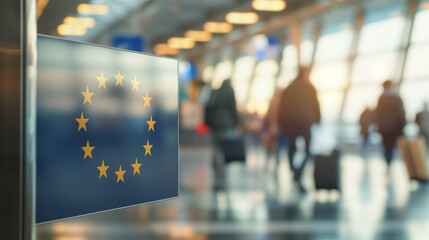 EU Stars Sign in Busy Airport Terminal

