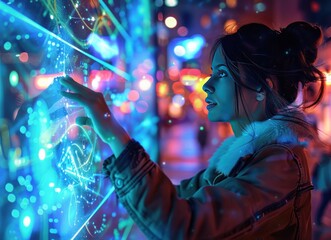 Woman Interacting with Interactive Display in a City at Night