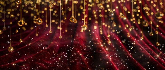 Elegant golden hanging beads with sparkling red velvet background for a luxurious and festive holiday-themed image, perfect for celebrations.