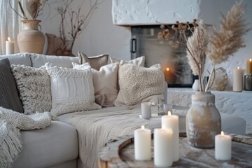 Bright interior with sofa, wooden table, candles, and vase with decorative grasses