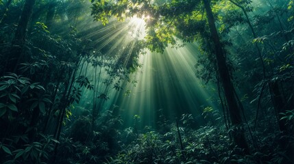 Sunlight rays filtering through dense forest foliage