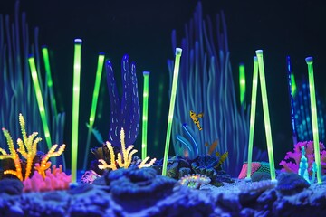 An underwater scene of coral and creatures illustrated with glow sticks