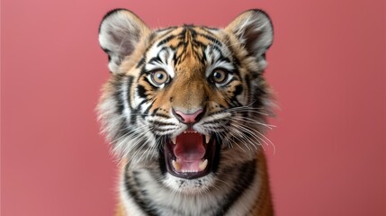 Fototapeta premium Detailed portrait of a white saber toothed tiger against vibrant and colorful background