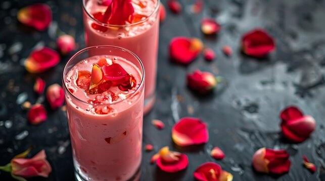 Summer drink gulab falooda or gulab ka sharbat with some rose petals on black colored shiny surface