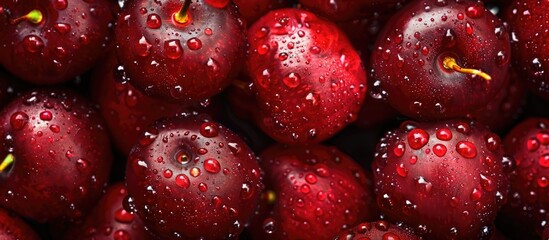 A multitude of vibrant red cherries up close, glistening with water droplets.