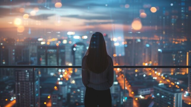 A woman stands on a balcony back turned to the camera as gazes out at the city below. The reflection of the city lights in the . .