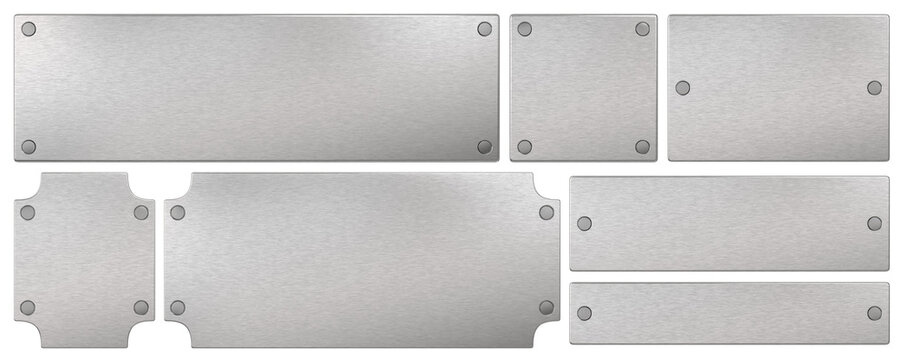 Steel plaque with rivets. Isolated metallic nameboards set. 3D rendering.