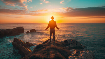 Man standing on a cliff edge with arms outstretched, embracing the breathtaking view of a vibrant...
