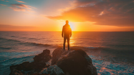 Man standing on a cliff edge with arms outstretched, embracing the breathtaking view of a vibrant...