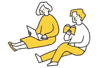Woman working on computer and man reading book
