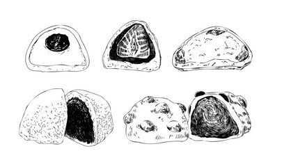 Sketch set of Japan desserts. Hand drawn sweets mochi. Japanese traditional food vector illustration. cooking, menu concept. Doodle style. Japanese traditional cuisine sweet.