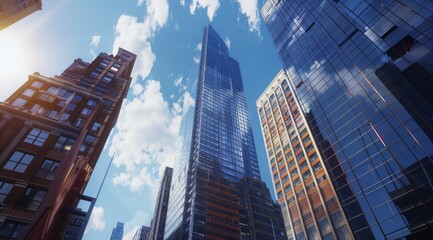 Fototapeta premium High-rise office buildings, commercial buildings, building, skyscraper, city, architecture, business, office, sky, glass, tower, buildings, high, urban, downtown, tall, blue, skyscrapers, finance, sk