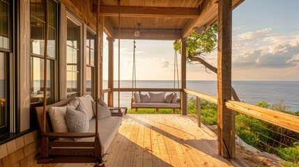 Wooden porch with a swing chair and pillows on the front porch of a beach house with a view of the ocean in the distance