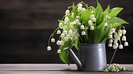 Lily of the valley bouquet in watering can on wooden background