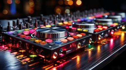 Dynamic dj hands on mixer and turntables with colorful light trails capturing vibrant movements
