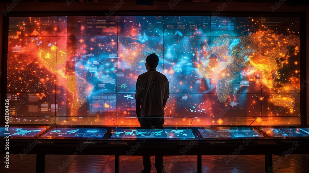 Poster a person stands in front of a large holographic display showcasing a world map with interactive feat