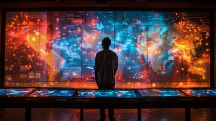 A person stands in front of a large holographic display showcasing a world map with interactive features.