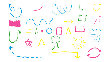 Doodles with the texture of wax chalk. Set elements imitating child drawing. Arrow Square Triangle tree sun. Doodles abstract shapes. Vector illustration.