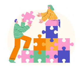 Fototapeta premium Illustration of diverse team collaboratively assembling large puzzle pieces, symbolizing teamwork, cooperation and problem solving vector