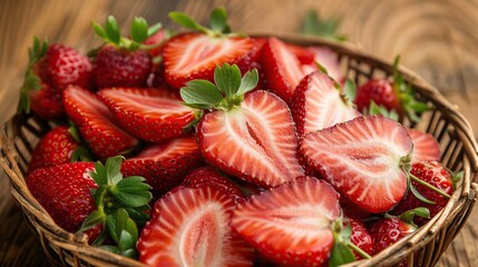 Close up strawberries sliced on fruit basket . Generative Ai