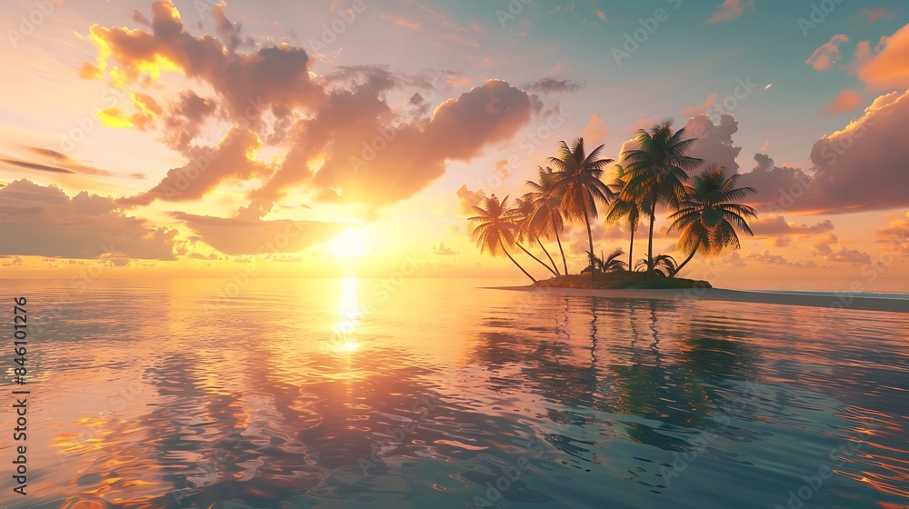Wall mural sunrise behind a tropical island with palm trees sandy beach and sea - Wall murals
