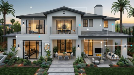 Contemporary home exterior with multiple electrical panels at dusk for a modern touch