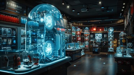 A holographic product display is showcased in an electronics store, surrounded by other displays and products.